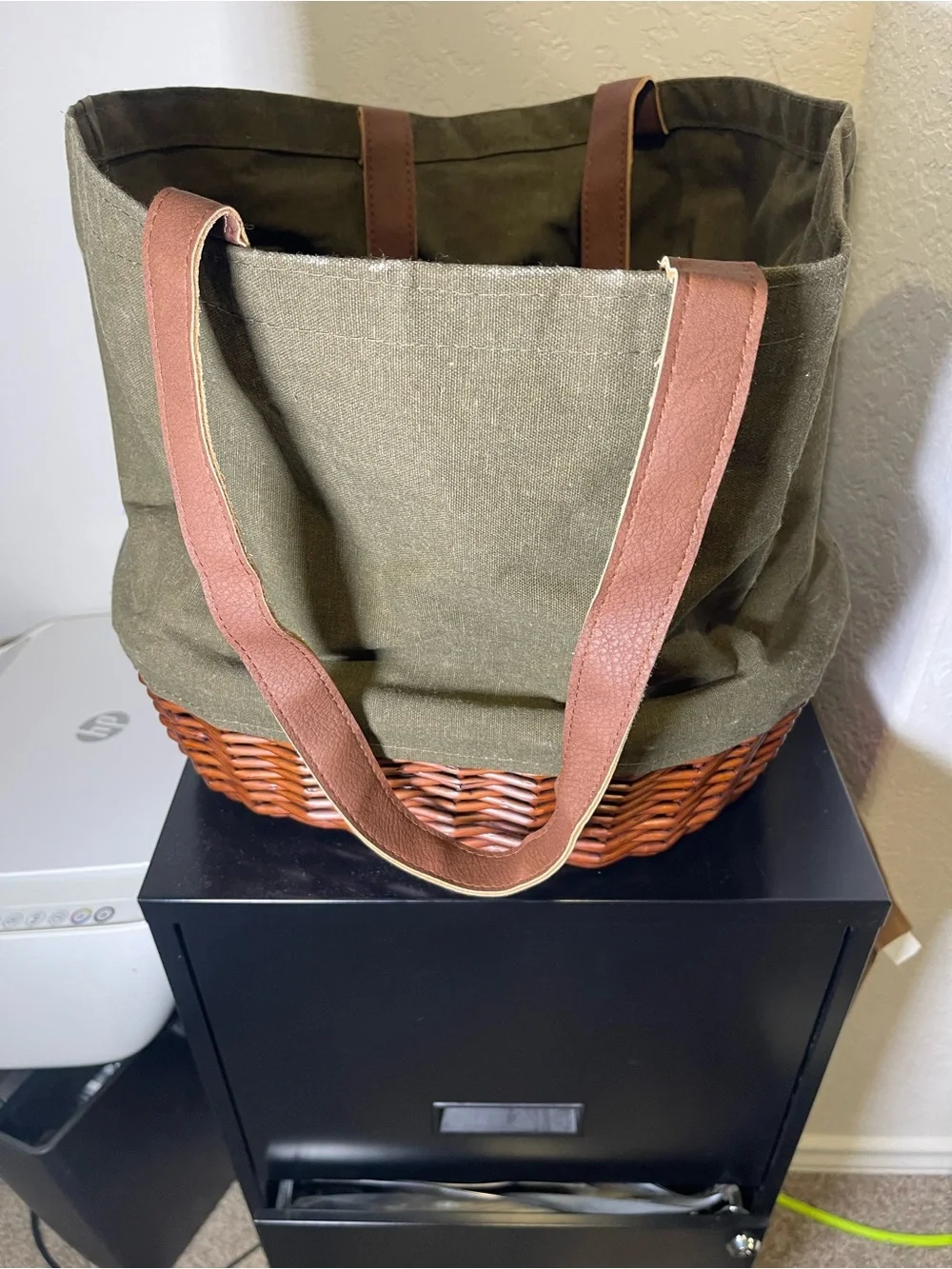 Cowboys Olive Green Canvas & Wicker Storage Tote
